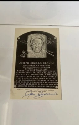 Signed Black and White Joe Cronin Hall of Fame Plaque Postcard - Image 1 of 4