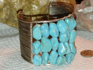 Modernist Brutalist Metallic and Blue Stone Wire Wrapped Cuff Bracelet - Picture 1 of 7