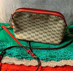 Michael Kors Umhängetasche khaki beschichtet Canvas SIG orange Lederbesatz Kuppelreißverschluss - Bild 1 von 12