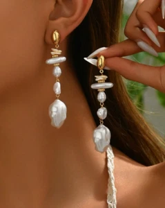 Long Gold Thin Chain Multi Baroque Pearl Earrings Big White Bead Stud Beaded New - Picture 1 of 8