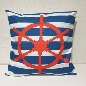 Cushion Cover 45 x 45cm Blue & White Stripe Red Ships Wheel NEW - Picture 1 of 2