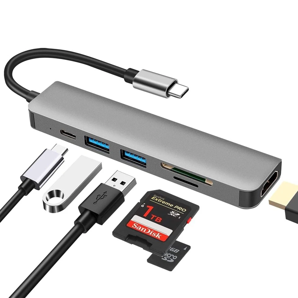 6-in-1 USB Type-C Adapter Hub with HDMI, SD/TF Card Slots, USB 3.0 Charging Port - Image 1 of 1