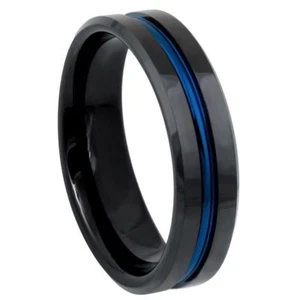 Tungsten Ring Unisex High Polish Bevel Edge Black IP Plated & Blue IP Groove lay - Picture 1 of 2