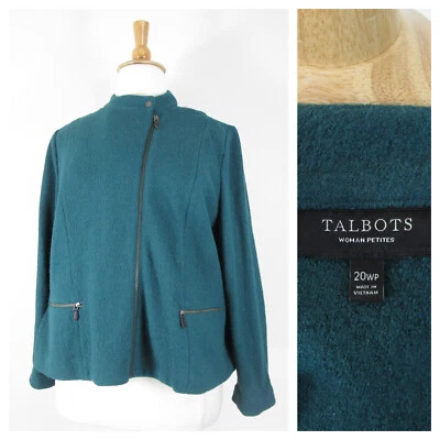 Talbots Plus Size Petite Dark Green Wool Tweed Full Zip Moto Blazer Jacket 20WP - Image 1 of 4