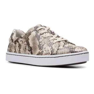 CLARKS WOMEN'S PAWLEY SPRINGS LEATHER LACE UP SNEAKERS SZ 7 TAUPE SNAKE AUTHENT - Picture 1 of 5