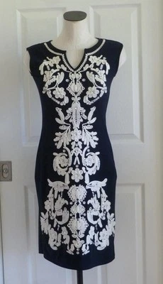 Joseph Ribkoff Vestido Vaina Negro-Azul Marino Blanco Adornado Jersey Bodycon US2 $395 Foto 1 de 4