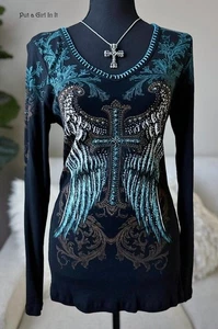 Nueva CAMISA VOCAL Mujer PLUS CRISTAL NEGRA CRUZ ALAS DE ÁNGEL PUNTO LÁTIGO 1X 2X 3X - Imagen 1 de 4