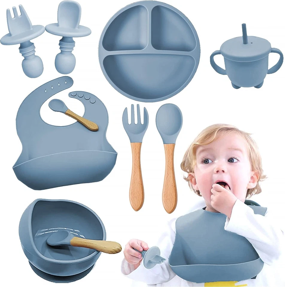 8 Stücke Baby Silikon Teller Kindergeschirr Sets Geschirrset Saugnapf Rutschfest - Bild 1 von 4
