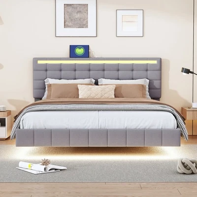 160x200cmDoppelbett Polsterbett Bettgestell Schwebebett LED Lattenrost Kopfteil - Bild 1 von 4