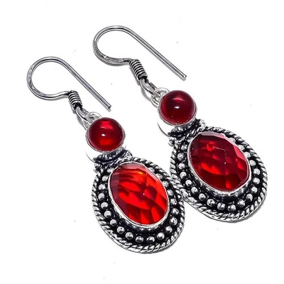Garnet Gemstone 925 Sterling Silver Earring 1.9" F359 - Image 1 of 4