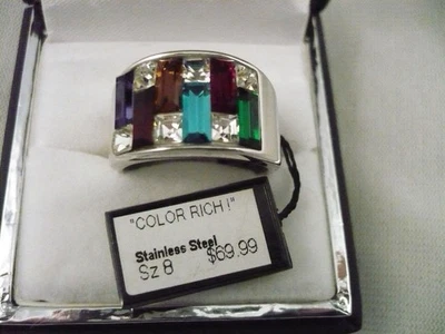 NEW Fifth Avenue ring silver tone 2 rows multi-colored baguettes size 8 GIFT Foto 1 de 4