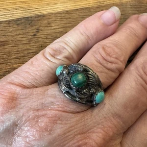 Anello Vintage Firmato SI Navajo Argento Sterling Foglia Malachite Turchese Misura 7,5 - Foto 1 di 5