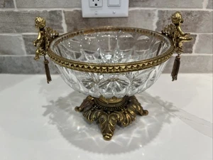 Glass Centerpiece Bowl Gold Filigree Cherubs Hanging Tassels Vtg 8.5” D X 6.5” H - Picture 1 of 13