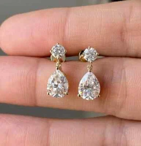 14k Yellow Gold Plated 3.00Ct Pear Cut Lab-Created Diamond Women's Drop Earrings - Picture 1 of 8