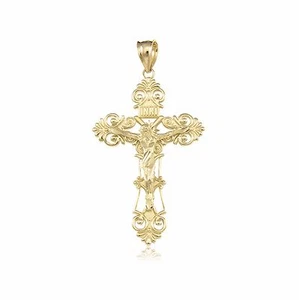 14K Solid Yellow Gold Filigree Crucifix Cross Pendant -INRI Jesus Necklace Charm - Picture 1 of 13