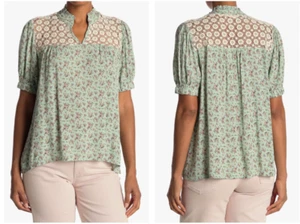 EVERLEIGH Bluse Seafoam grün Blumenmuster elfenbein Häkelspitze Passe M Nordstrom - Bild 1 von 2