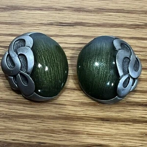 Vtg Don Lin Clip On Earrings 1" Green Enamel - Picture 1 of 6