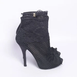Dolce&Gabbana Women Black Ankle Boots Leather Floral Mesh Peep Toe Booties EU 39 - Picture 1 of 8