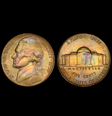 MS66 1950 5C Jefferson Nickel, PCGS Trueview- Pretty Rainbow Toned Cover