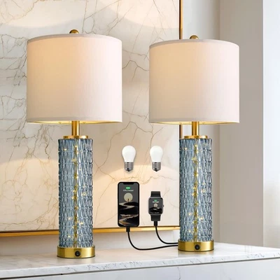 27.75” Table Lamps Set of 2, Blue Modern Bedside Lamp with LED Night Light, U... - Image 1 of 4