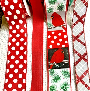 Cardinal Winter Wired Ribbon Bundle 4 Yds Each=16 Yds Red Christmas 2.5” & 1.5” - Picture 1 of 10