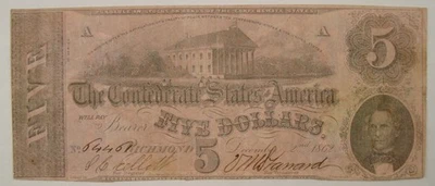 1862 CSA T-53 $5 Confederate States Bank Note VF - Image 1 of 2