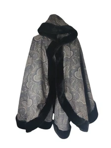 vintage koos of course! Grey Paisley Hooded Poncho With Black Fur Trim One Size  - Picture 1 of 7