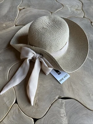 Nine West Straw Sun Hat Wide Rimmed Beige With Chiffon Bow - Image 1 of 4