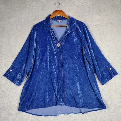 Habitat Shirt Women's Large Blue Velvet Long Sleeve High-Low Button Front Tunic - Image 1 of 4