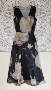 PHASE EIGHT Pure Silk Sleeveless Dress. Peony Print On Black Background. Size 8 - Picture 1 of 5