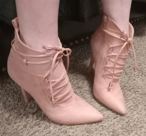 lala ikai Rose Pink ZipUp 3-3.5 Heal Ancle Boot 7.5-8.XWide C0883 39 - Picture 1 of 14