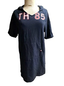 Tommy Hilfiger Hooded Sweatshirt Dress Womens Medium Navy Pullover TH 85 Graphic - Picture 1 of 8