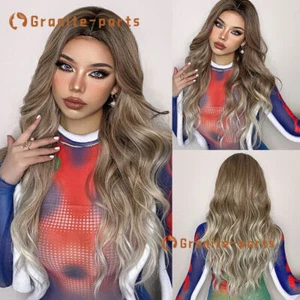 Long Wavy Curly Ombre Brown Light Blonde Women Natural Synthetic Wig Daliy Party - Picture 1 of 10