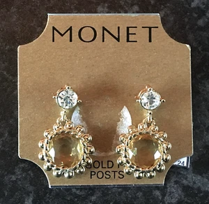 MONET 14CT Gold Filled Yellow & Clear Crystal Dangle Drop Earring’s. Signed - Picture 1 of 6