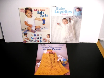 BABY KNIT PATTERN BOOKLET LOT OF 3 AFGHANS SOCKS LAYETTES LEISURE ARTS CROCHET - Image 1 of 4