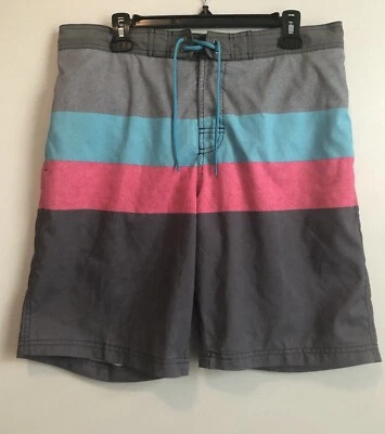 Roundtree & Yorke Swim Trunks Men's L Gray Blue Pink Stripe Board Shorts Lined - Image 1 of 4