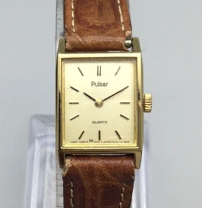 Vtg Pulsar Tank Watch Women 16mm V230-5720 Gold Tone Brown Leather New Battery - Picture 1 of 15