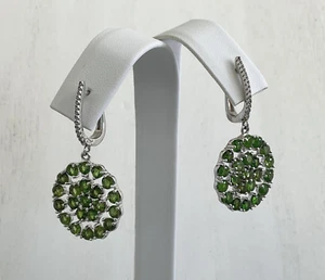 Chrome Diopside, Zircon Dangle Earrings Omega Back Post 925 Sterling Silver - Picture 1 of 10