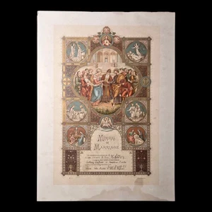 1913 Religious Marriage Certificate Lithograph – Sacred Heart Victorian Art - Picture 1 of 6