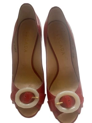 ESCADA Shoes Stilleto Heels 38 8 Red Patent Leather Pump Pearl Buckle Engraved - Image 1 of 4
