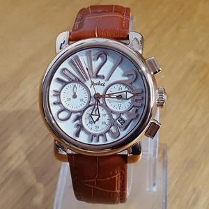 Herren Damen Braun Leder Rosegold Retro Pop-Art Chrono Taschenuhr PK2048 NEU - Bild 1 von 10