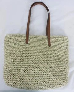Borsa Ralph Lauren beige Whitney cestino di paglia doppio manico in pelle marrone - Foto 1 di 7