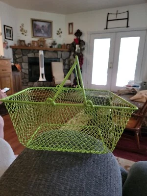 Uma cesta de metal de arame revestido de borracha verde com alças duplas - Imagem 1 de 4