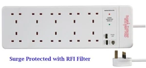 10 Gang Surge Protected Extension Lead 2m Lead White 13A UK Plug RFI Filter - Afbeelding 1 van 3