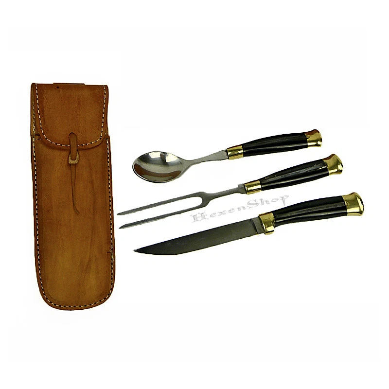 3-teiliges Besteck mit Horngriff & Lederetui -  Mittelalter Essbesteck Löffel - Bild 1 von 1