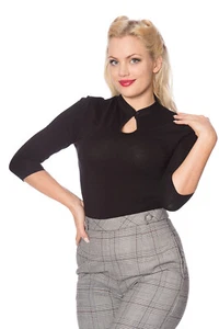 Womens Black Mandarin Collar Vintage Retro Blouse Top Shirt BANNED Apparel - Picture 1 of 4