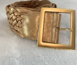 🥋 Cache Gold Leder geflochten breiter Gürtel 3x2,75 Schnalle 39,5 lang 2" breit - Bild 1 von 7