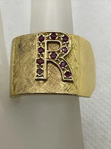 Solid 18K Yellow Gold Ruby Accents INITIAL LETTER “R” MEN’S SIGNET Ring 11gr. - Picture 1 of 24