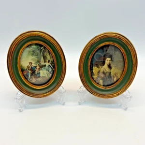 Vintage Set x 2 Florentine Print Oval Wood Frame w/ Gold Tone Trim Made in ITALY - Picture 1 of 10
