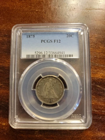 1875 Seated Liberty 20 Cent Piece PCGS F12 Cover